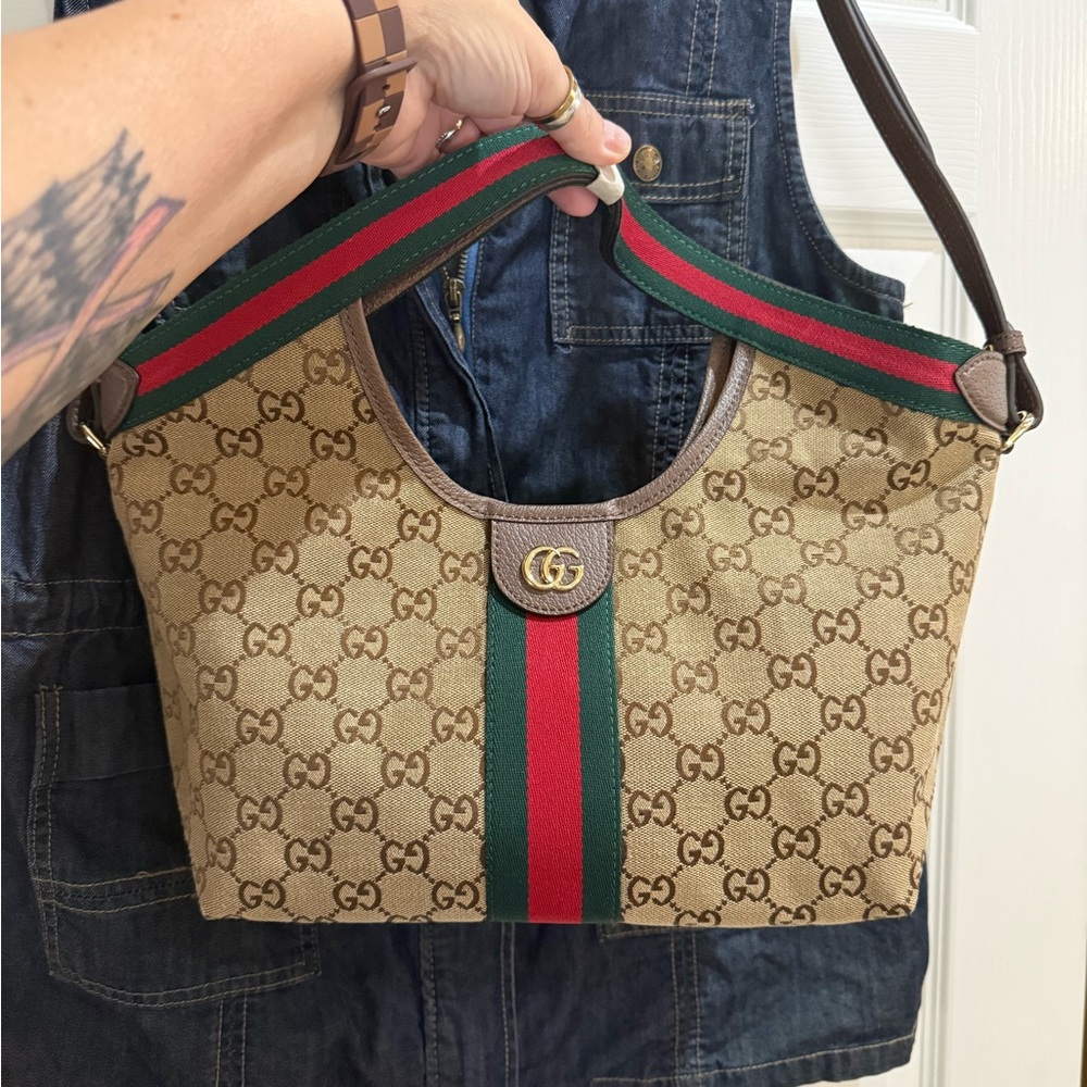 Beige and Green GG pattern tote Bag